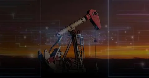 Operating red and grey oil pumpjack on remote plain at sunset, with digital Stock Illustration