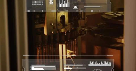 Operating robot assembly head building parts inside instrument bay with Fotos de archivo