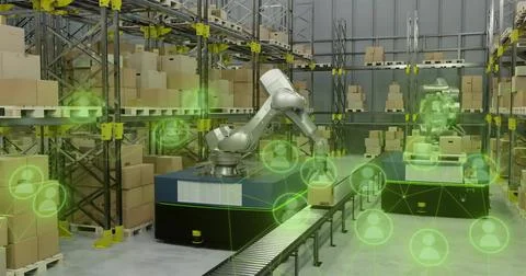 Operating robotic arm on mobile base picking package at conveyor in warehouse, Stock Photos