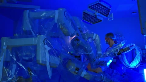 Operating room with blue light and robotic surgical system. Robotic arms move Stock Footage 335167925