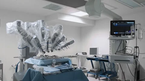 Operating room in modern clinic with robotic surgery equipment Stock Footage 240546643