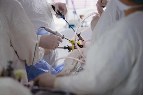 Operating. Surgery.  Laparoscopic surgery. Close-up. Stock Photos