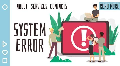 Operating system error warning for web page, social media. People work on fixing Stock Illustration