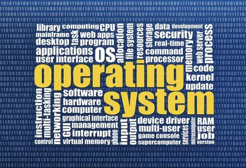  operating system word cloud operating system word cloud on a binary backg... Stock Photos