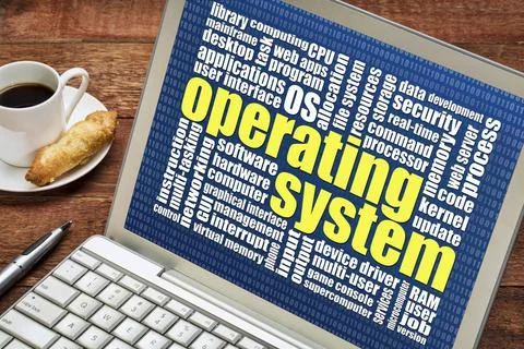  operating system word cloud operating system word cloud on a laptop with ... 스톡 사진