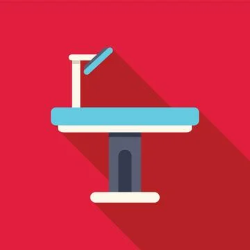 Operating table under surgical lamp casting long shadow on red background Stock Illustration