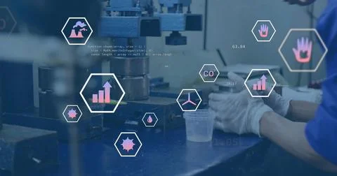 Operating technician handling metal sample, plastic cup in lab, with press and Stock Photos