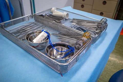 In an operating theatre there is a basic screen for general surgery on a blue Stock Photos