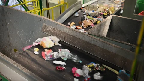 Operating Trash Conveyors Inside Urban Waste Sorting Facility Stock Footage 241084904