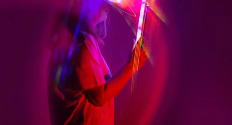 Operating a virtual interface on a virtual touch screen. Concept of virtual s 스톡 사진