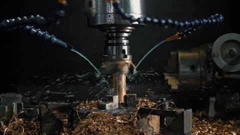 Operation of an active water-cooled CNC frazer lathe Stock Footage 265509740