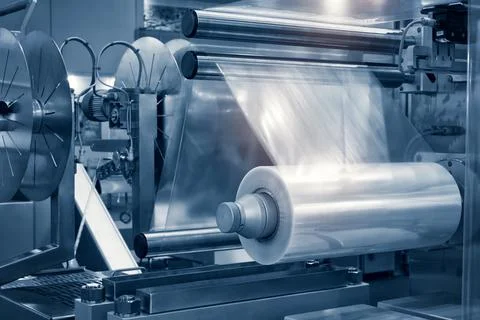 The operation of automatic plastic bag production machine with lighting effec Foto stock