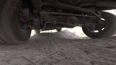 The operation of the car suspension in motion. Camera on the bottom of the car Stock Footage 278861337