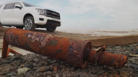 The operation of the car suspension in motion. Camera on the bottom of the car Stock Footage 292044654