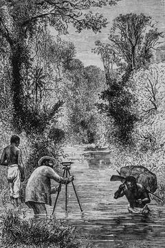 Operation dans un cours d'eau, les grands travaux du siecle par dumont,editio Stock Illustration