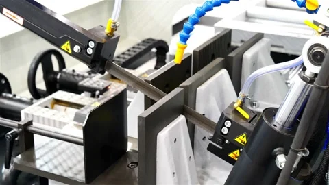 The operation of the machine for cutting a metal profile with a band saw Stock Footage 147870868