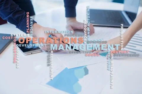 Operation management concept. Words cloud on virtual screen. Fotos Stock