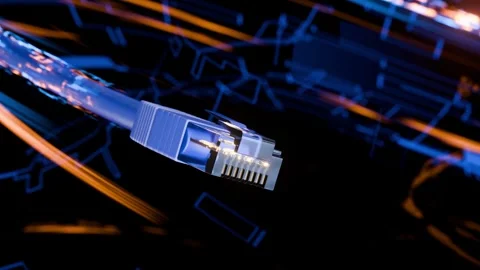 Operation of network protocols. Futuristic RJ-45 connector. Stock Footage 346284459