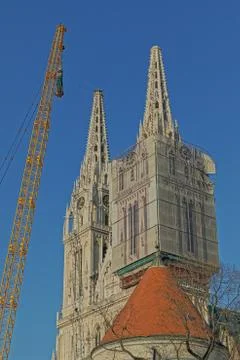Operation to separate the north tower of the Zagreb Cathedral Stock Photos