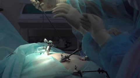 Operation using laparoscopic equipment. Surgeons team. Hospital. Stock Photos