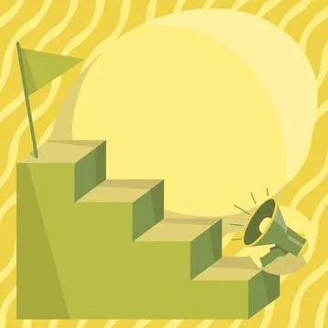 Operational Megaphone Climbing Up Stair Case Reaching Destination Flag On Top Stock Illustration