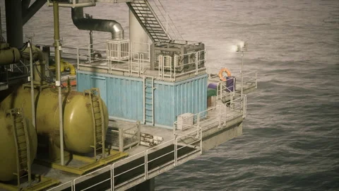 Operational tasks performed on offshore oil drilling structure Stock Footage 342439383