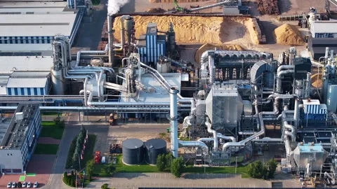 Operational wood processing plant highlights industrial efficiency Stock Footage 313592225