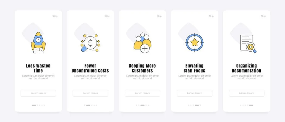 Operational workflows efficiently onboarding screens Stock Illustration
