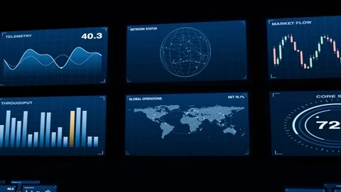 Operations center stacked map screens blue push in loop Stock Footage 342250453