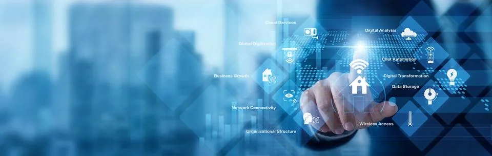 Operations expert analyzing digital data pointing hand at Digitization proc.. Stock Photos