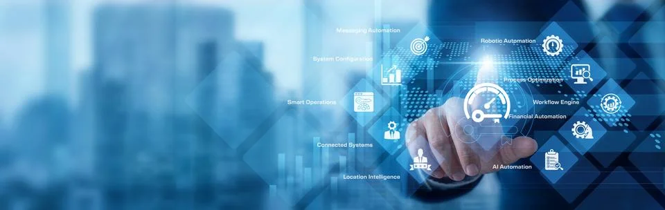 Operations manager analyzing digital data pointing hand at Automation syste.. Stock Photos