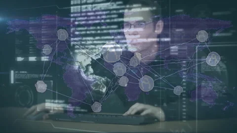 Operator activating secure terminal by typing and animating holographic network Stock Footage 313294918