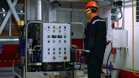 Operator adjusts parameters on control panel to ensure stable operation of Stock Photos
