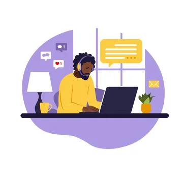 Operator african man with computer, headphones and microphone. Outsource, con Stock Illustration