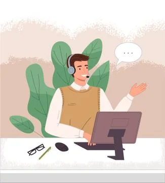 Operator of call center or hotline, man with headset and computer talka with Ilustración de archivo