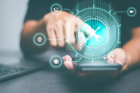 Operator click icon button to contact helpdesk,customer support service con.. Foto stock