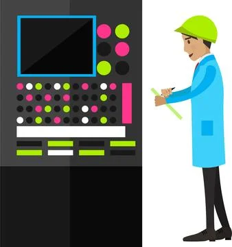 Operator controlling technological process operation panel vector icon isolated Stock Illustration