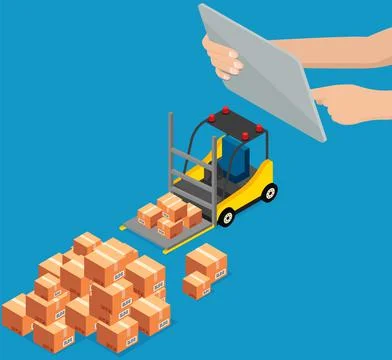 Operator controls forklift with computer machine lifts boxes on special device Stock Illustration