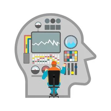 Operator controls the human brain with monitors and buttons. Concept of thi.. 库存插图