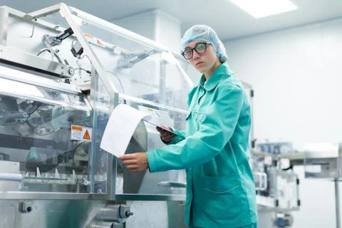 The operator controls the machine in the factory work Stock Photos