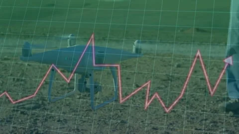 Operator entering right side and conducting drone test while grid and pink data Stock Footage 331873017