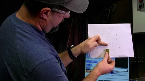 Operator explaining to someone else what he did based on a pattern to Stock Footage 149202651