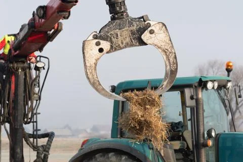 Operator of forestry tractor crane with grapple tossing mulch straw on the field Stock Photos