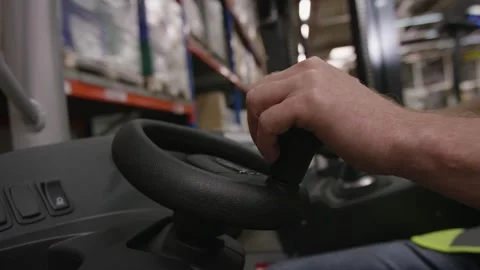 Operator Hand Gripping Forklift Steering Wheel Knob, Warehouse, Close Up Detail Stock Footage 341302900