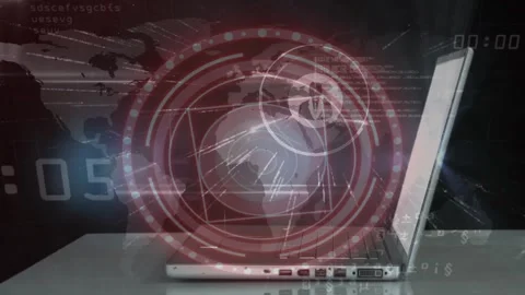 Operator hand tapping laptop keyboard, HUD pulsing, globe rotating, avatars Stock Footage 329594440