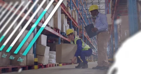 Operator lifting box revealing animated charts globe as supervisor checking Video stock 319782882