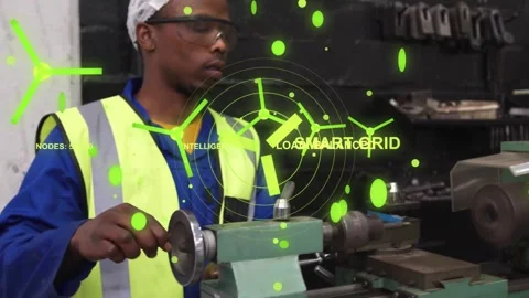 Operator lifting part, showing HUD with turbine icons and SMART GRID, aligning Stock Footage 334038845