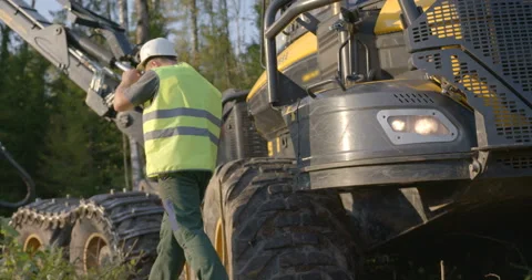 Operator of logging machine went into the forest to inspect equipment after work Stock Footage 105979020