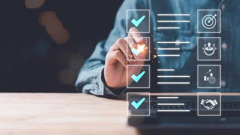 Operator makes mark on the survey topic ,Goal setting and business planning.. Stock Photos