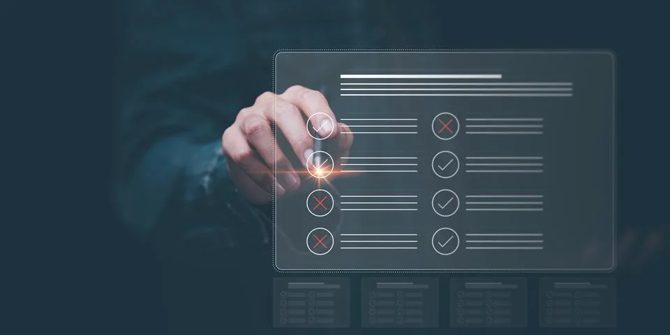 Operator makes mark on the survey topic ,checkbox to conduct opinion and qu.. Stock Photos
